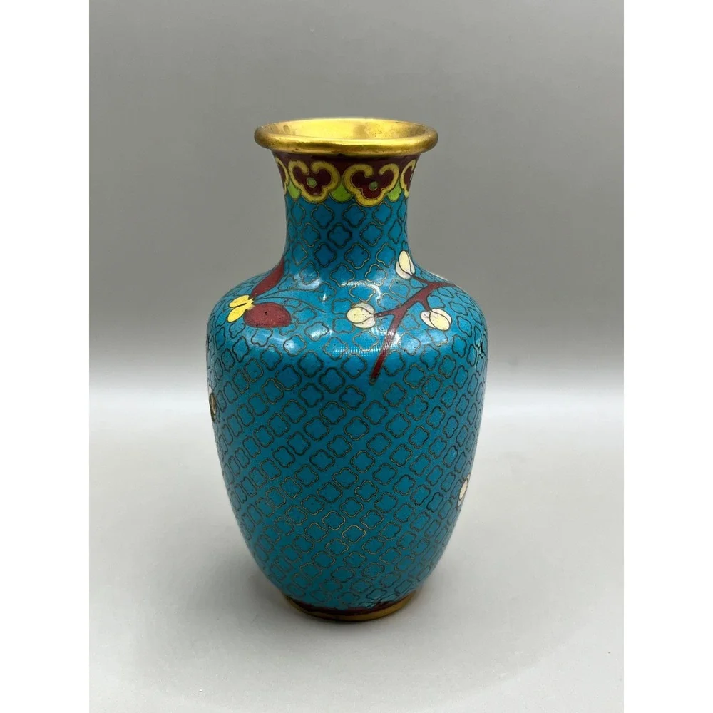 Vtg Chinese Cloisonne Enamel Miniature Vase Turquoise Cherry Blossom 4
